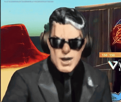 A Man Wearing Sunglasses And Headphones Stands In Front Of A Sign That Says 150/150 GIF