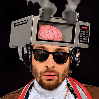 A Man Wearing Sunglasses And Headphones With A Microwave On His Head That Says Brains GIF