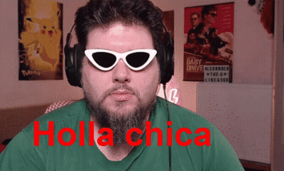 A Man Wearing Sunglasses And Headphones With Holla Chica In Red GIF