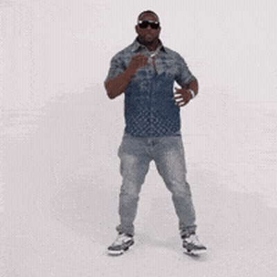 A Man Wearing Sunglasses And Jeans Is Dancing On A White Background . GIF