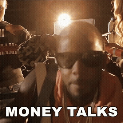 A Man Wearing Sunglasses Has The Word Money Talks Written On His Face GIF