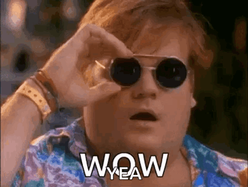 A Man Wearing Sunglasses Is Looking Through A Pair Of Binoculars And Saying Wow Yeah . GIF
