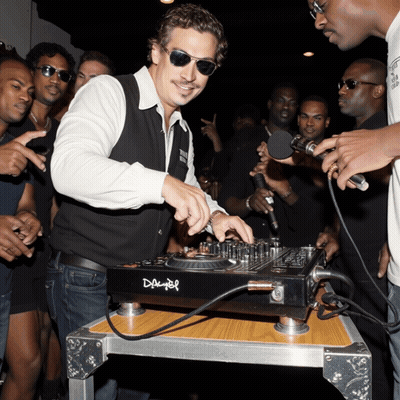 A Man Wearing Sunglasses Is Playing Music On A Dj Mixer That Says Daimler GIF