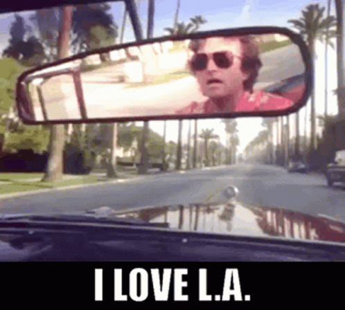 A Man Wearing Sunglasses Is Reflected In The Rear View Mirror Of A Car With The Words I Love L.a. Below Him GIF