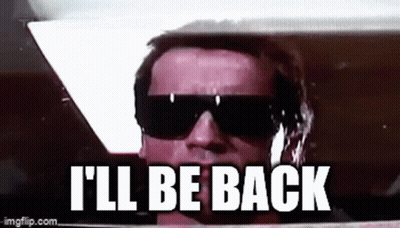 A Man Wearing Sunglasses Is Sitting In A Car With The Words `` I 'Ll Be Back '' Written On His Face . GIF