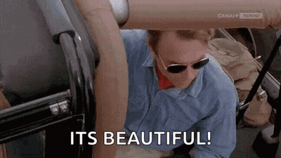 A Man Wearing Sunglasses Is Sitting In A Car With The Words `` It 'S Beautiful '' Written On The Screen . GIF