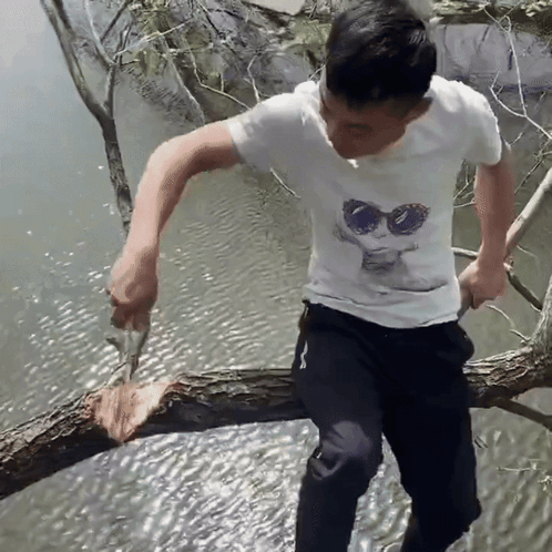 A Man Wearing Sunglasses Is Sitting On A Tree Branch Overlooking A River GIF