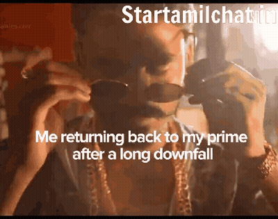 A Man Wearing Sunglasses Is Smoking A Cigarette And Says Me Returning Back To My Prime After A Long Downfall . GIF