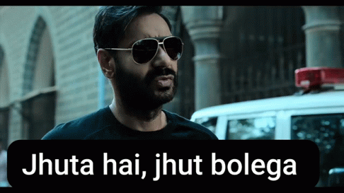 A Man Wearing Sunglasses Is Standing In Front Of A Police Car With The Words Jhuta Hai Jhut Bolega GIF