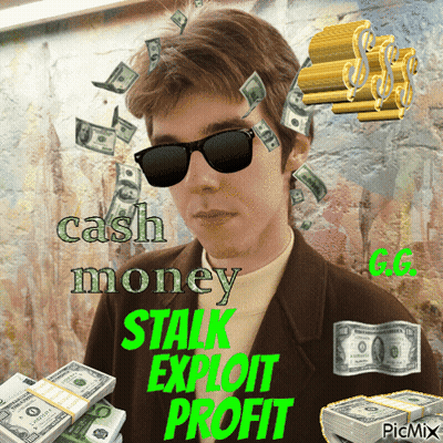 A Man Wearing Sunglasses Is Surrounded By Stacks Of Money With The Words Cash Money Stalk Exploit Profit GIF