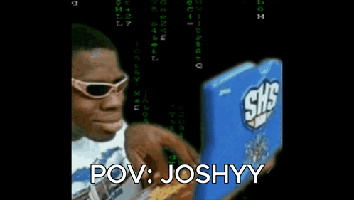 A Man Wearing Sunglasses Is Typing On A Laptop With The Words Pov Joshyy Written Below Him GIF