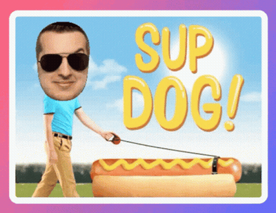 A Man Wearing Sunglasses Is Walking A Hot Dog On A Leash With The Words " Sup Dog " Above Him GIF