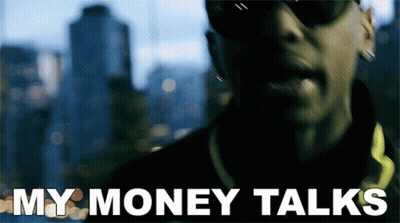 A Man Wearing Sunglasses Says " My Money Talks " In Front Of A Blurry Background GIF