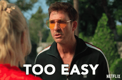 A Man Wearing Sunglasses Says " Too Easy " In White Letters GIF