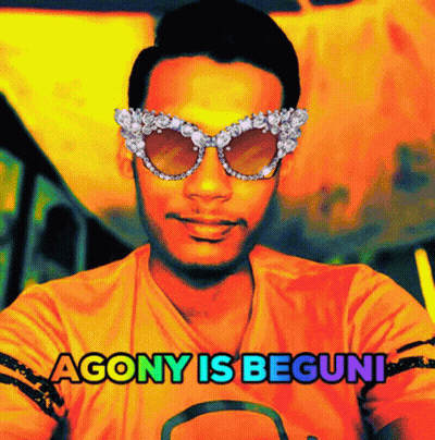 A Man Wearing Sunglasses With The Words Agony Is Beguni On The Bottom GIF