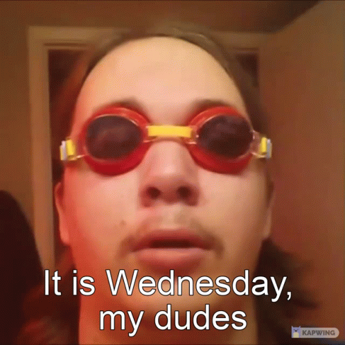 A Man Wearing Swimming Goggles Says " It Is Wednesday My Dudes " GIF