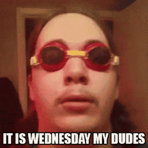A Man Wearing Swimming Goggles With The Words It Is Wednesday My Dudes Below Him GIF