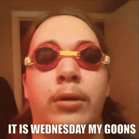 A Man Wearing Swimming Goggles With The Words It Is Wednesday My Goons GIF