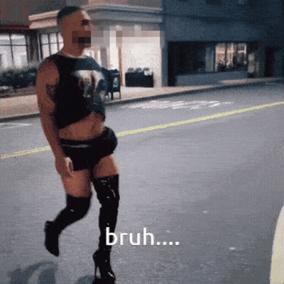 A Man Wearing Thigh High Boots And A Tank Top Is Walking Down A Street And Says Bruh ... GIF