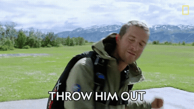 A Man With A Backpack Is Standing In A Field With The Words Throw Him Out Above Him GIF
