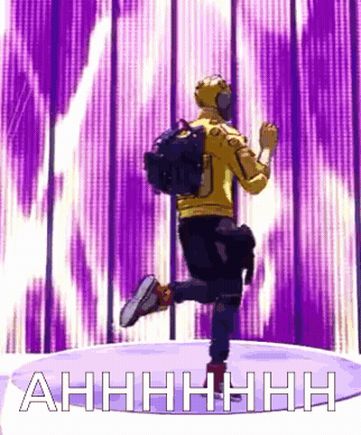 A Man With A Backpack Is Standing On One Leg In Front Of A Purple Wall . GIF
