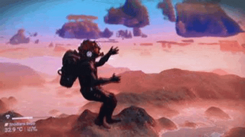 A Man With A Backpack Is Standing On Top Of A Rock In A Video Game . GIF