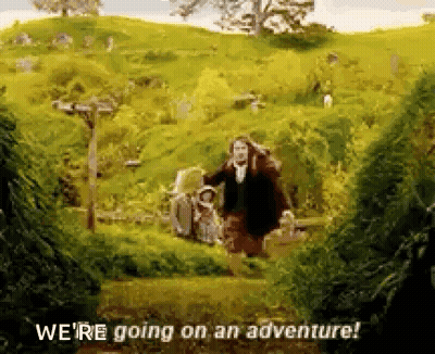 A Man With A Backpack Is Walking Through A Field With The Words `` We 'Re Going On An Adventure '' Above Him . GIF