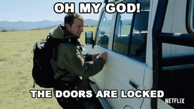 A Man With A Backpack Tries To Open The Door Of A Vehicle With The Caption Oh My God The Doors Are Locked Netflix GIF