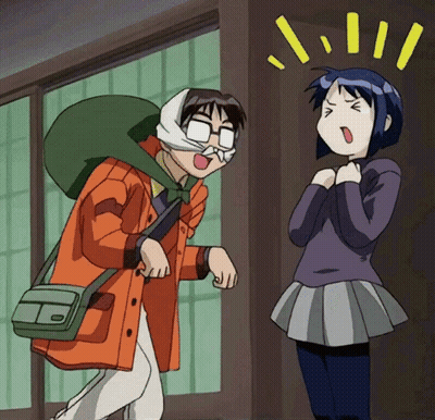 A Man With A Bag On His Back Is Talking To A Woman GIF