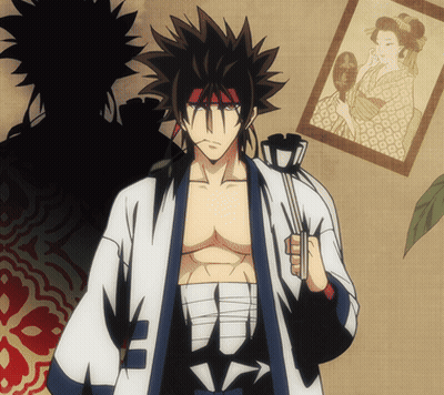 A Man With A Bandage On His Chest Is Holding A Fan In Front Of A Picture Of A Woman In A Kimono GIF