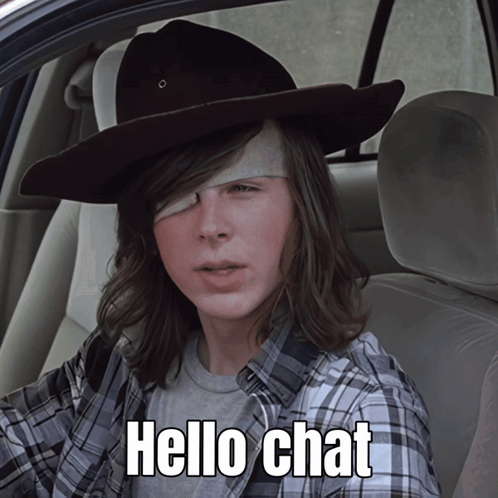 A Man With A Bandage On His Eye Is Sitting In A Car With The Words Hello Chat Above Him GIF
