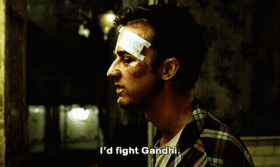 A Man With A Bandage On His Forehead Says I 'D Fight Gandhi . GIF
