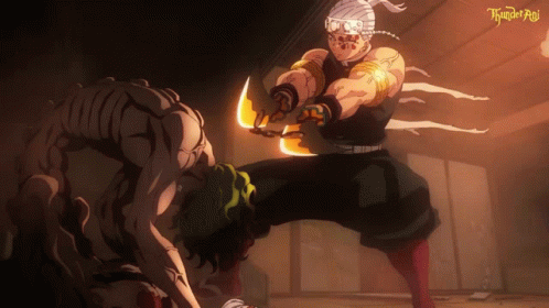 A Man With A Bandage On His Head Is Kicking Another Man With A Knife In A Thunder Api Anime GIF