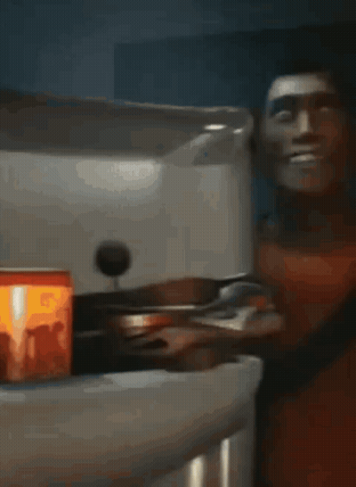 A Man With A Bandage On His Head Is Sitting At A Table With A Can Of Soda . GIF