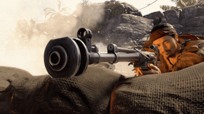 A Man With A Bandana Around His Head Is Holding A Rifle GIF