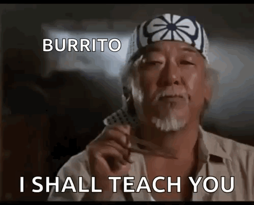 A Man With A Bandana On His Head Is Holding A Fork And Says Burrito I Shall Teach You GIF