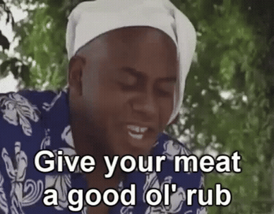 A Man With A Bandana On His Head Is Talking About Giving Your Meat A Good Ol ' Rub . GIF