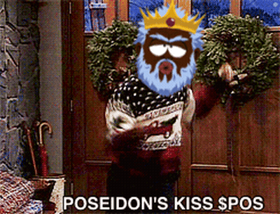 A Man With A Beard And A Crown Is Holding A Wreath And Says Poseidon 'S Kiss Spoos GIF
