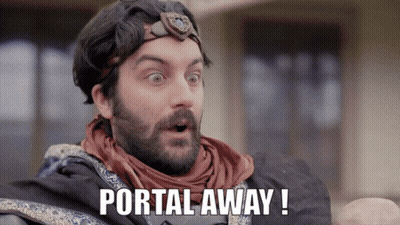 A Man With A Beard And A Headband Is Saying Portal Away GIF