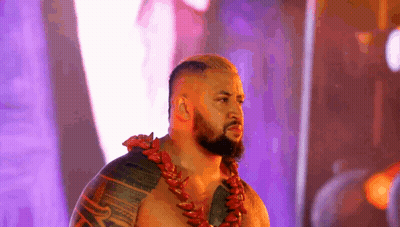 A Man With A Beard And A Lei Around His Neck Is Standing In Front Of A Purple Background . GIF