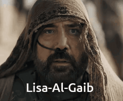 A Man With A Beard And A Scarf Around His Head Has The Name Lisa-Al-Gaib Written On His Face GIF