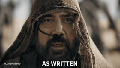 A Man With A Beard And A Scarf Around His Head Says " As Written " On The Screen GIF