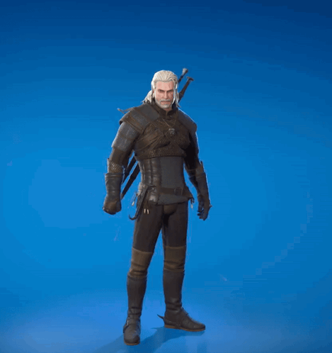 A Man With A Beard And A Sword On His Back Stands On A Blue Background GIF