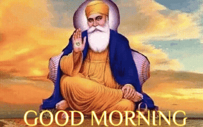 A Man With A Beard And A Turban Is Sitting In A Chair With The Words `` Good Morning '' Below Him . GIF