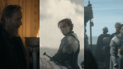 A Man With A Beard And A Woman In Armor Are Shown GIF