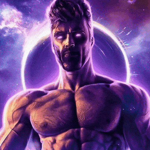 A Man With A Beard And Glowing Eyes Stands In Front Of A Purple Background GIF