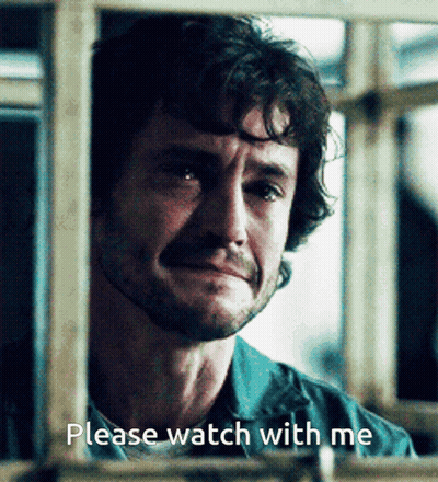 A Man With A Beard And Mustache Is Behind Bars And Says " Please Watch With Me " GIF