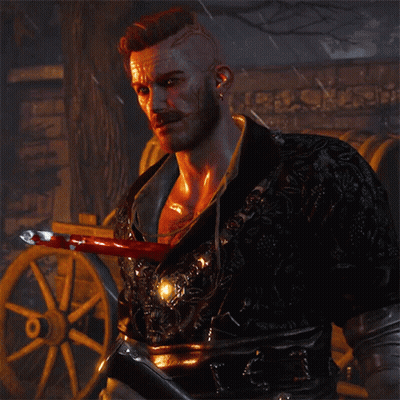 A Man With A Beard And Mustache Is Holding A Bloody Sword GIF