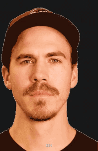 A Man With A Beard And Mustache Is Wearing A Hat With The Word Ish On It GIF