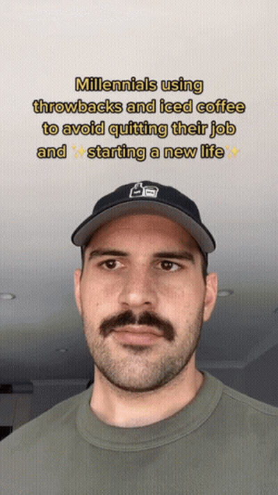 A Man With A Beard And Mustache Is Wearing A Hat With The Words Millenials Using Throwbacks And Iced Coffee GIF